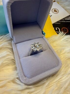 Sterling Silver 925 Moissanite Flower Cluster Ring GRA Certificate, Size 7